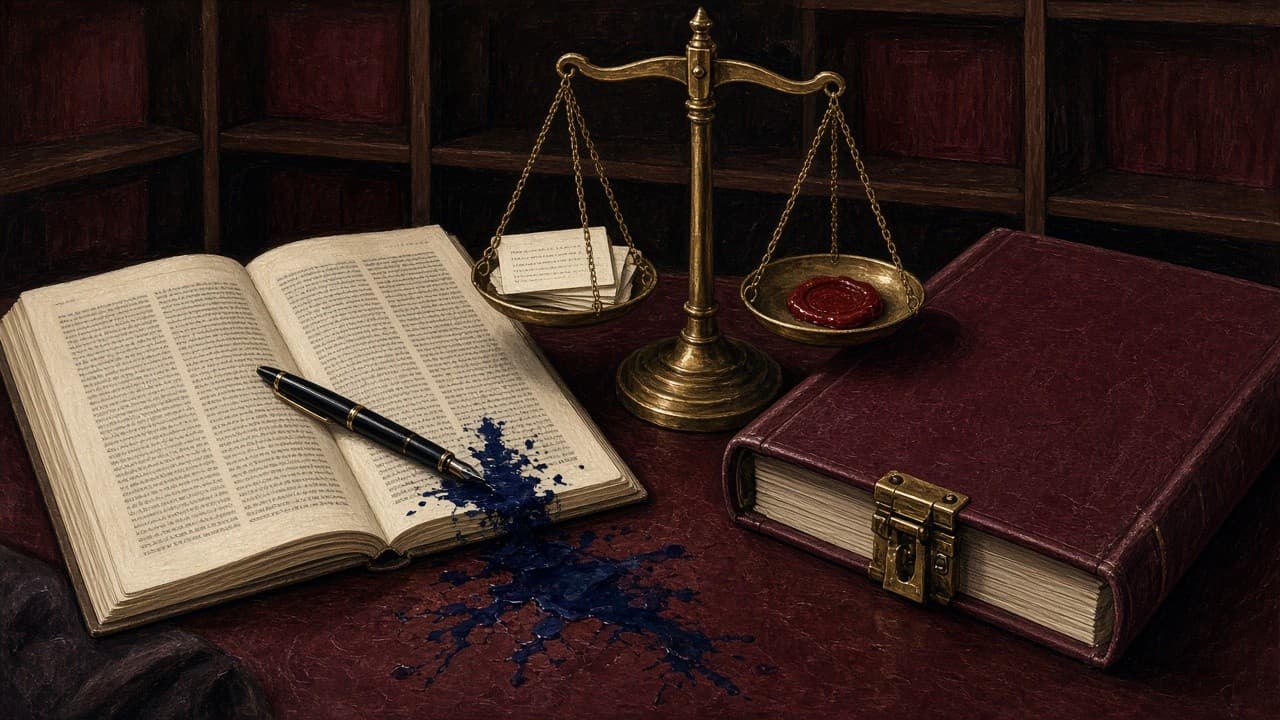 Editorial still life of an open medical journal, spilled ink, a brass scale, and a sealed burgundy guideline binder