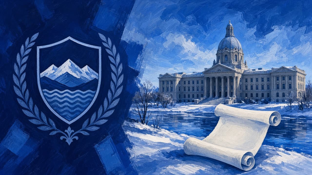 Editorial illustration of the Alberta Legislature and a royal-assent scroll
