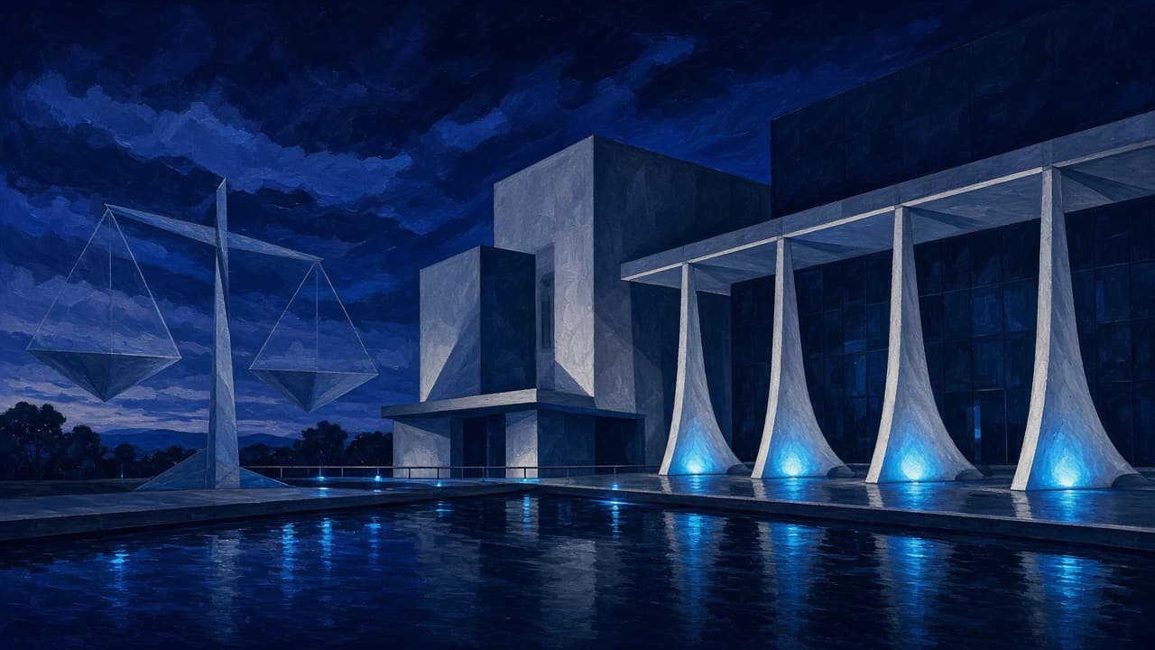 Editorial illustration of Brazil’s Supremo Tribunal Federal and abstract scales of justice