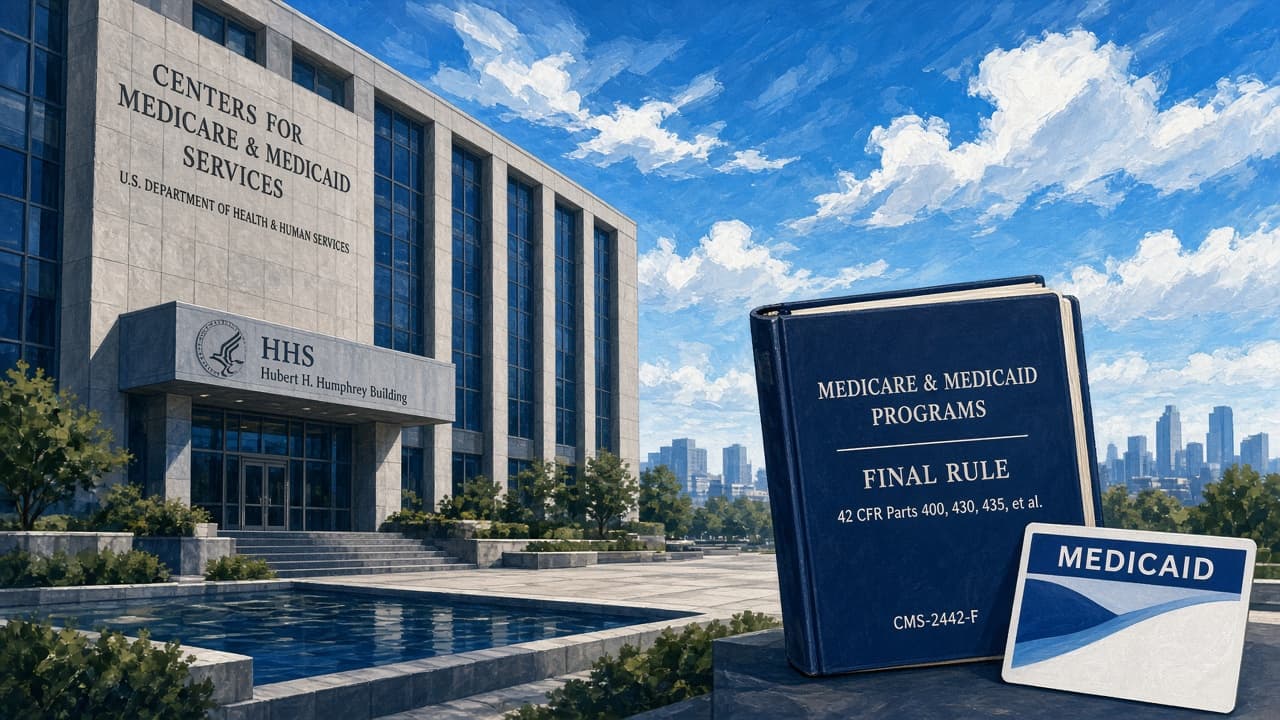 Editorial illustration of an HHS campus and a final-rule binder