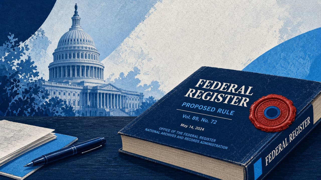 Editorial illustration of the U.S. Capitol and a Federal Register volume