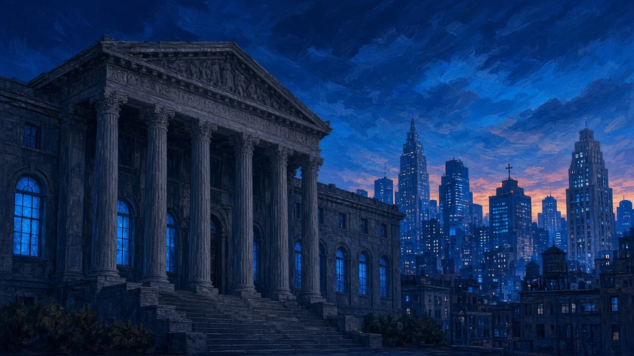 Editorial illustration of a New York federal courthouse at dusk