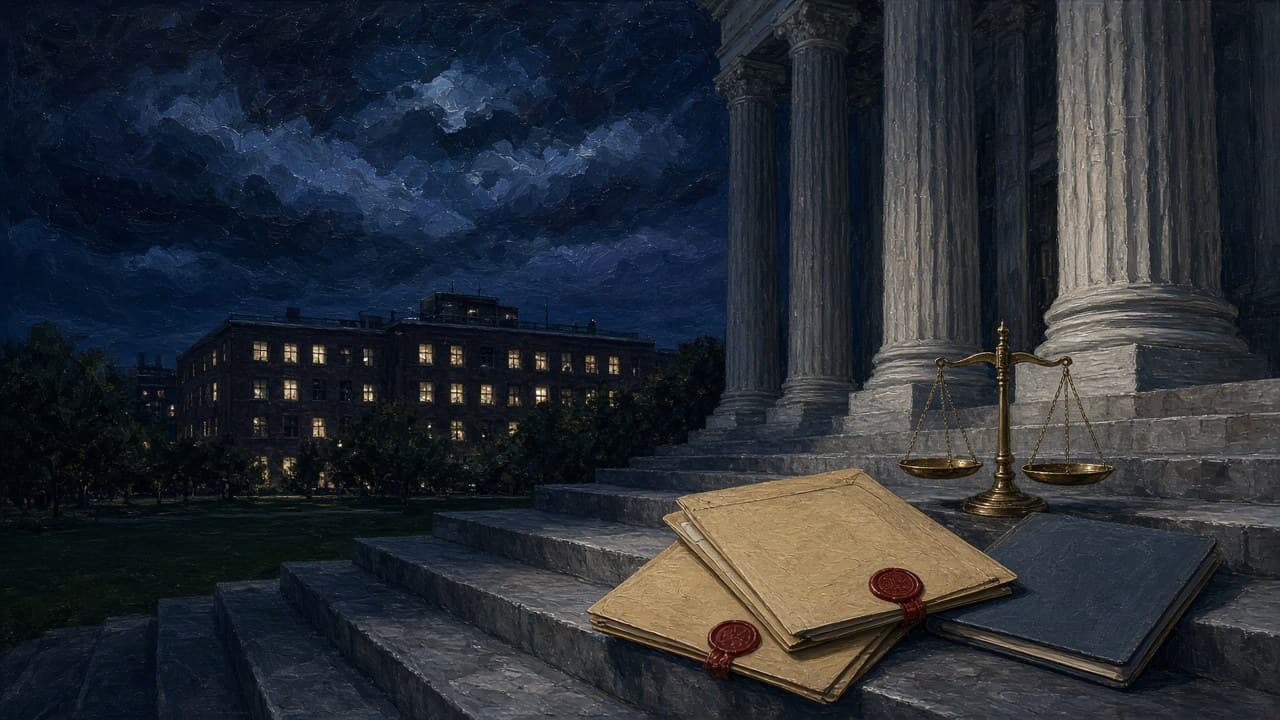 Editorial illustration of sealed settlement folders, a medical chart, and scales of justice on courthouse steps beside a hospital wing