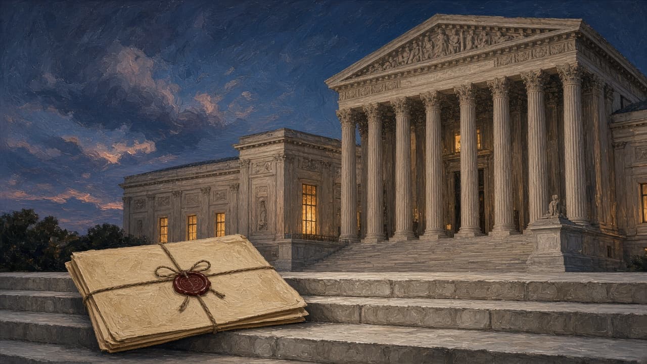 Editorial illustration of the United States Supreme Court at dusk and a sealed legal brief folder