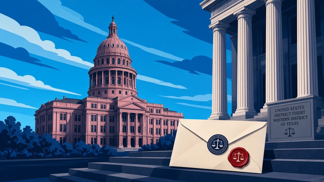 Editorial illustration of the Texas State Capitol and a sealed legal envelope