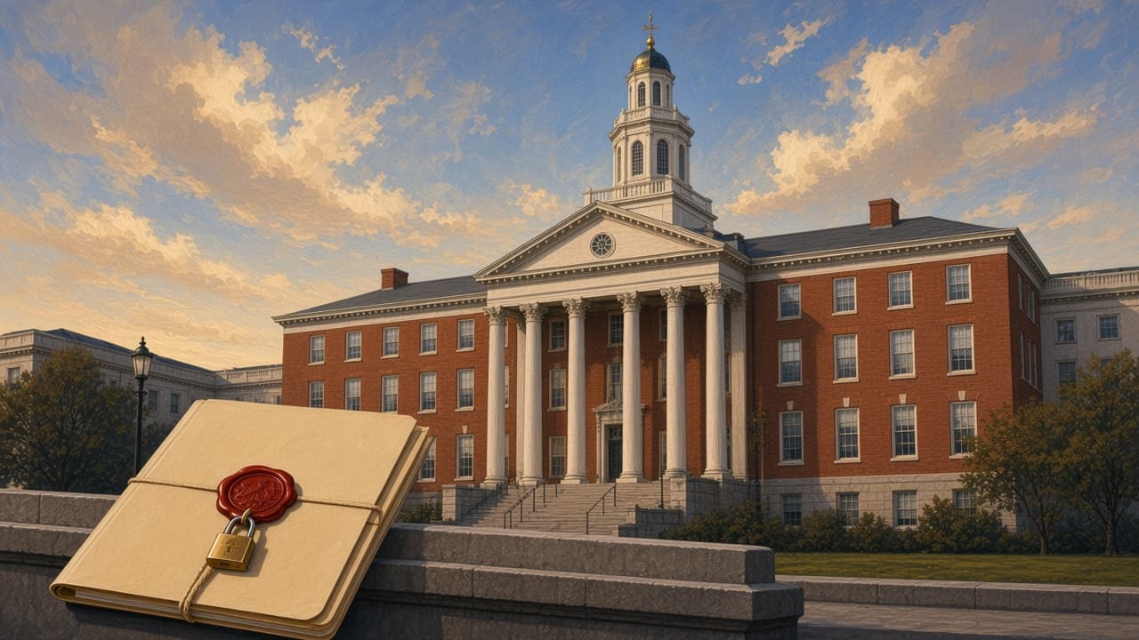 Editorial illustration of a red-brick school building and a locked student-privacy folder