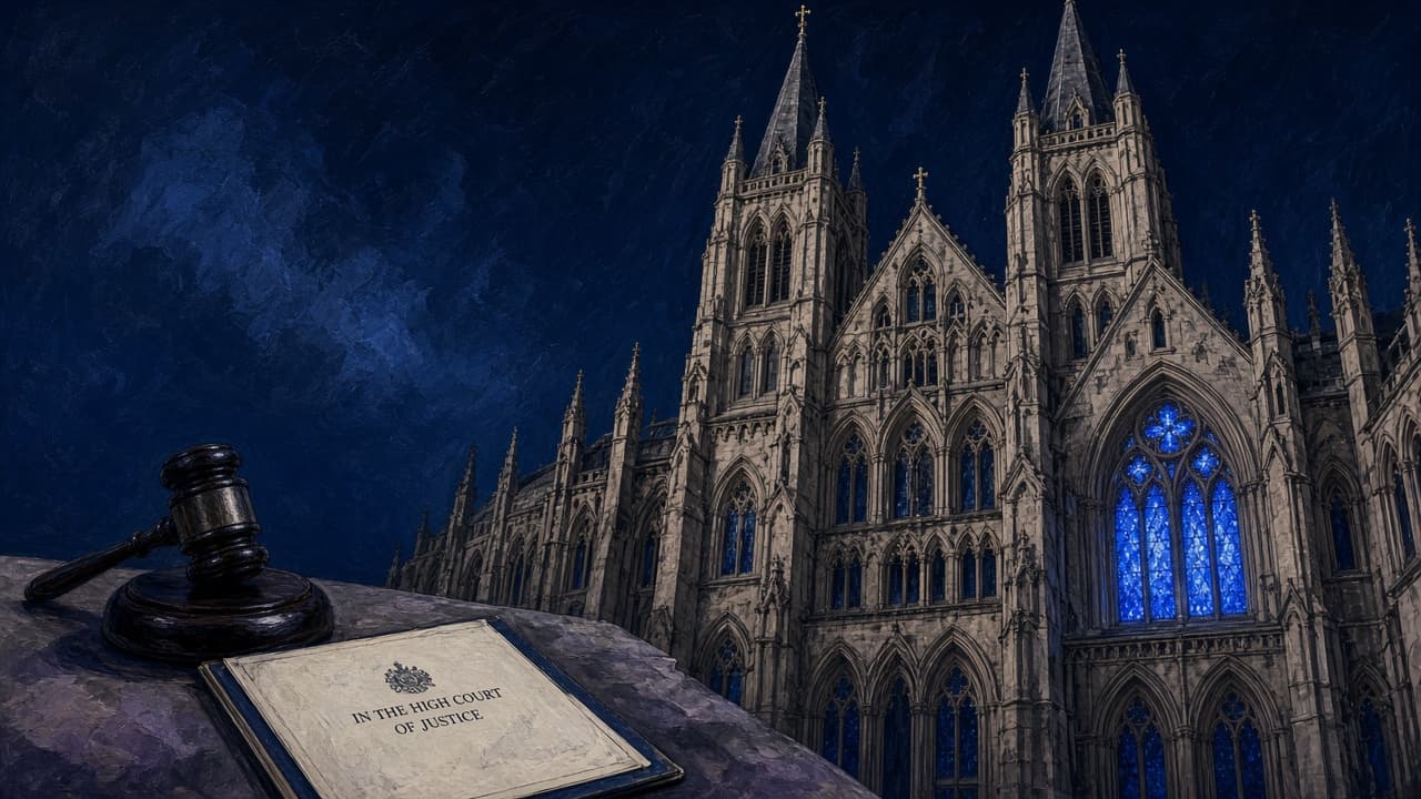 Editorial illustration of the Royal Courts of Justice and a policy binder