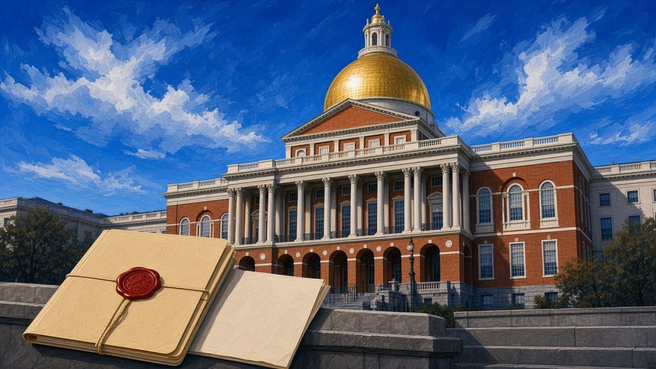 Editorial illustration of the Massachusetts State House gold dome and a sealed court case folder