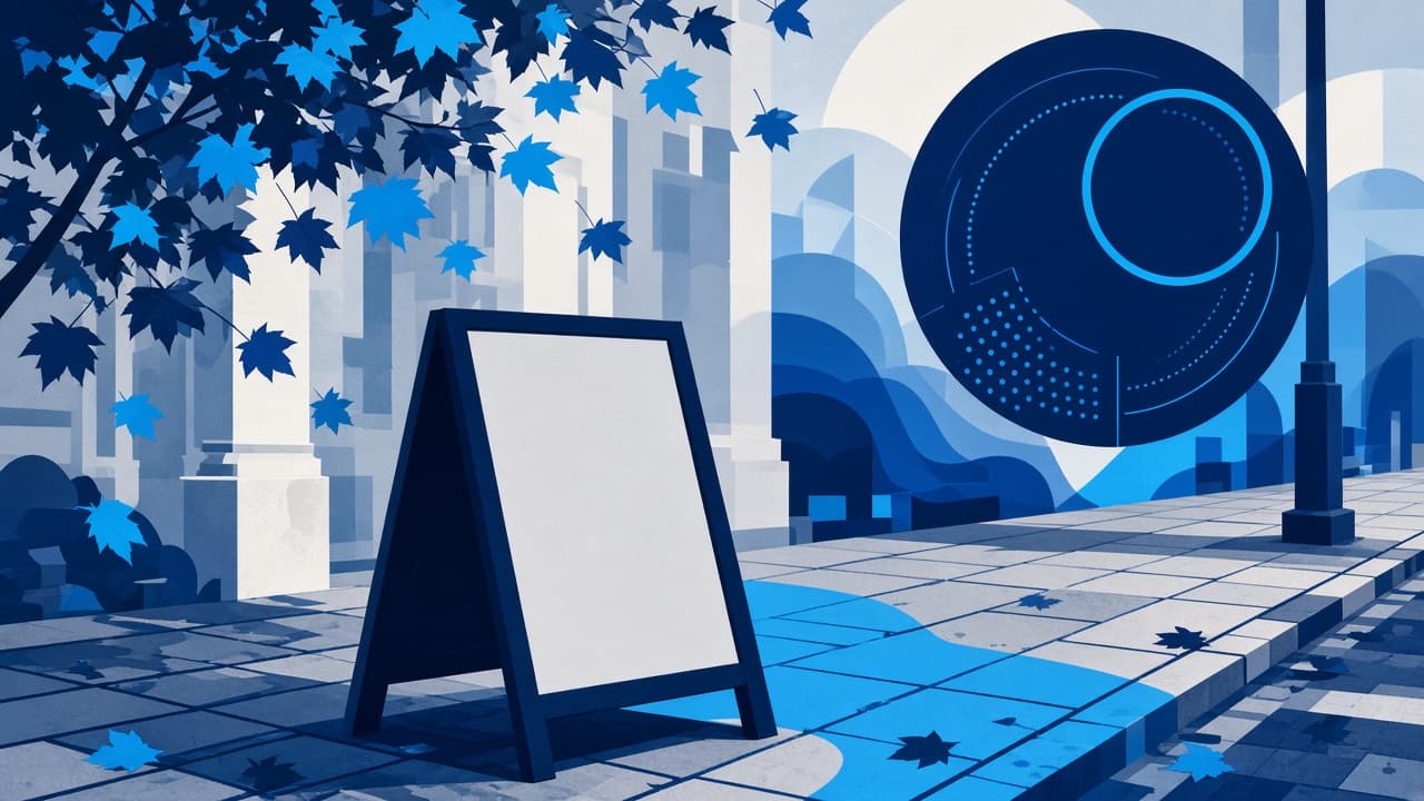 Editorial illustration of a blank sidewalk board and a navy circular emblem