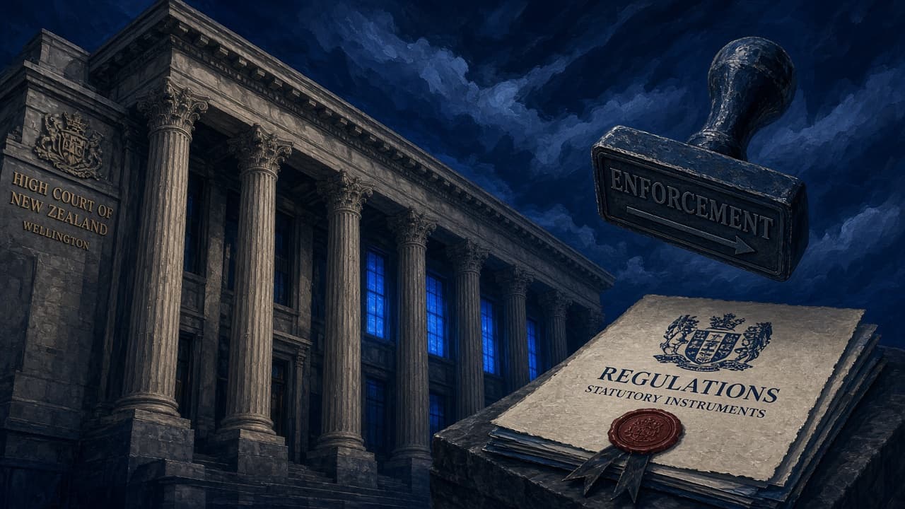 Editorial illustration of the High Court of New Zealand colonnade